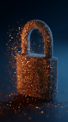 Poster - glittering padlock, dark background, golden particles, abstract security concept, symbolizes digital