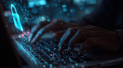 Poster - Close-up of hands typing on laptop keyboard, blue digital lock icon overlaid, symbolizing online security, data protection, and digital privacy