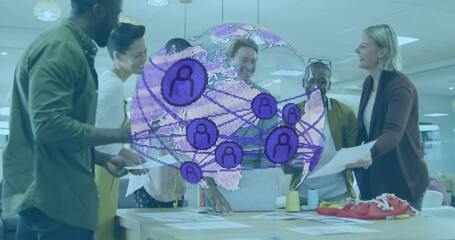 Poster - Business team collaborating around table, projecting holographic globe, comparing fabric and thread