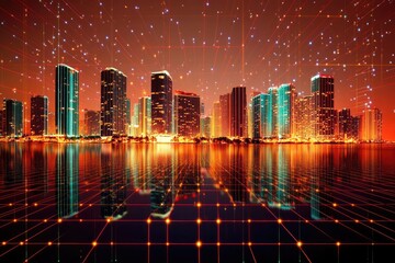 Poster - A stunning urban skyline at sunset. with vibrant reflections on the water. enhanced by a digital grid overlay. suggesting innovation and modernity in city life