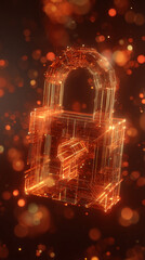 Fototapete - Amber-glowing wireframe padlock on dark background with bokeh effect, symbolizing digital security, data protection, or online privacy
