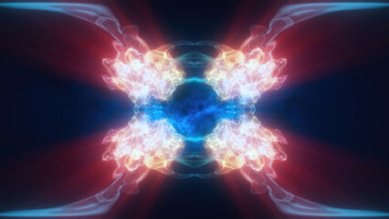 Poster - a mirrored abstract pink and blue swirling energy, forming a cosmic and futuristic design