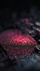 Poster - Close-up of a textured fingerprint, red and dark, on a circuit board background, symbolizing digital security, privacy, or technology