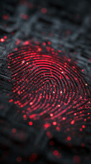 Poster - close-up of a fingerprint, illuminated in red, set against a dark, textured background, representing