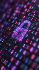 Poster - Abstract image of a padlock icon formed from binary code, glowing pink and blue, symbolizing digital security and data protection