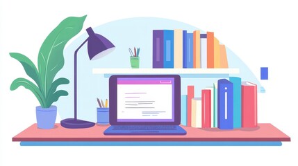 Poster - Laptop, books, plant, lamp on a desk.