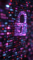 Poster - abstract image of a padlock formed from glowing binary code, showcasing digital security and data pr