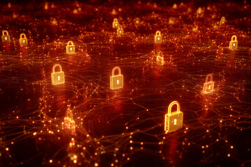 Poster - glowing orange padlocks on dark red network, symbolizing digital security and data protection, ideal