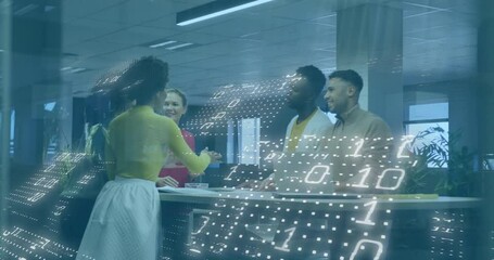 Poster - Group of professionals shaking hands around high table in tech business office, with data overlay
