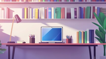Poster - Modern home office workspace with laptop, bookshelves, and plants.