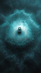 Poster - Teal particle burst surrounds a gray padlock, creating a digital security concept image suitable for website banner or wallpaper