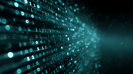 Poster - Abstract teal digital background with binary code flowing, suggesting speed, technology, and data processing