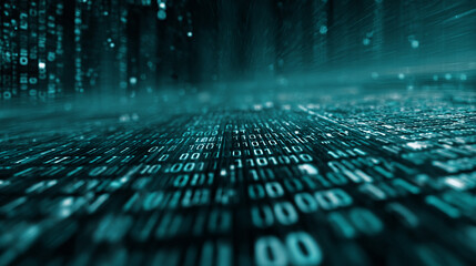 Poster - teal digital code flows, creating a dynamic, technological background suitable for websites or prese