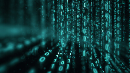 Poster - teal digital numbers cascade, creating a dynamic, technological abstract background suitable for web