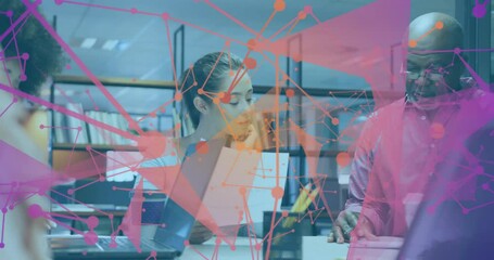 Poster - Four professionals examining documents at meeting table, showing business data nodes overlaying