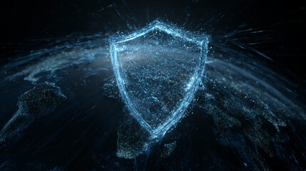 Poster - digital shield enveloping glowing earth, representing global cybersecurity, data protection, and net