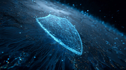 Poster - abstract blue glowing shield over digital network, symbolizing cybersecurity, data protection, and g
