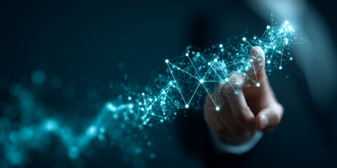 Poster - Fingertip interacts with glowing cyan network, suggesting digital connection, innovation, and technological advancement