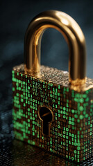 Poster - Close-up of gold padlock covered in binary code, symbolizing digital security and data protection