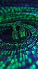 Poster - green binary code forms a padlock, resting on a wavy surface of similar code, symbolizing digital se