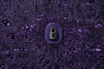 Poster - purple circuit board texture with central padlock, symbolizing digital security and data protection,