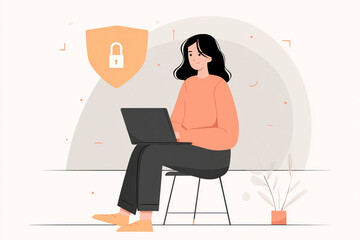Poster - Woman sits on chair, using laptop, secure online shield icon above, illustrating online security and privacy concept