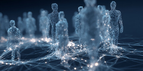 Poster - Abstract image of translucent figures connected by glowing lines, suggesting a network or digital community, symbolizing connection, technology, and global communication