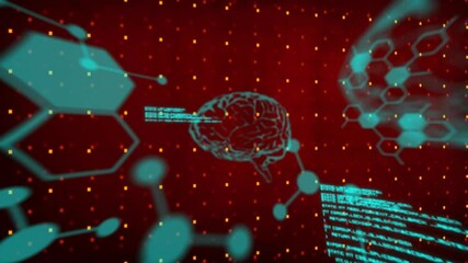 Poster - 3D brain model floating over red grid in technology interface, streaming code and molecular bonds