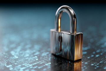 Fototapete - Metallic padlock on digital code background, symbolizing data security, privacy protection, and cyber safety