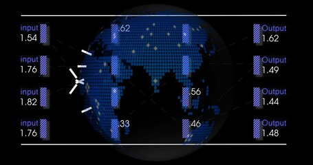 Poster - Blue dot-matrix globe representing data flow connecting purple-striped input bars to output bars