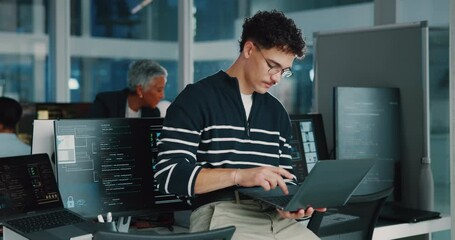 Poster - Business people, coding and man with laptop, thinking and problem solving with software update. Person, programming and employee in workplace, computer screen and tech expert with web design and html