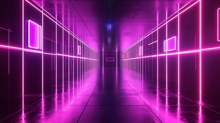 Poster - Abstract Purple Neon Lights Corridor Futuristic Modern Design Digital Art Background Pink Glow Shiny
