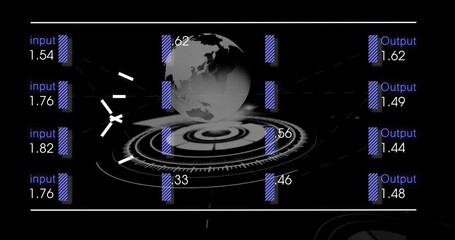 Poster - Global data network animating and flowing through interface rings, with 3D globe and purple bars