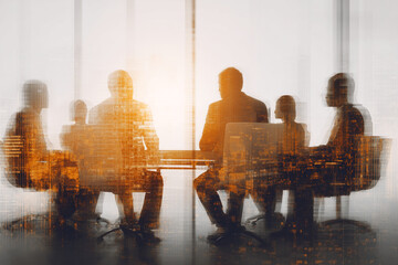 Poster - Silhouetted businesspeople in meeting, overlaid with city image, conveying teamwork, collaboration, urban landscape, and professional success