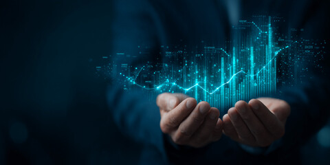 Poster - Glowing cyan graph floats above cupped hands, symbolizing data management, growth, and financial success in business, showcasing technological advancement