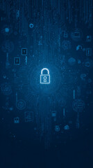 Poster - abstract digital image depicting a glowing padlock at the center, surrounded by circuit board patter