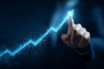 Poster - Blue glowing arrow pointing upwards, digital growth concept, hand interacting with futuristic chart, symbolizing progress, success, and innovation