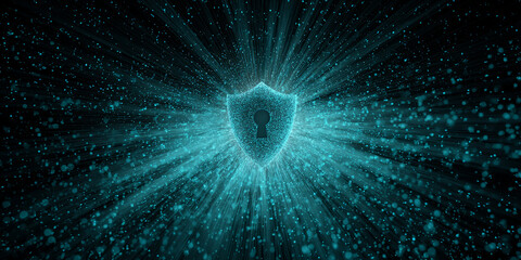 Poster - abstract teal shield with keyhole, radiating light particles on black background, symbolizing digita
