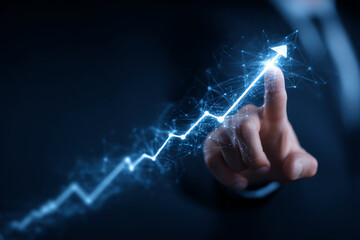 Poster - blue glowing arrow pointing upward, symbolizing growth and progress, a hand interacts with it, showc