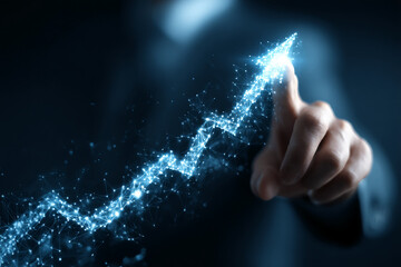 Poster - Fingertip interacts with glowing blue arrow graph, symbolizing growth, progress, and innovation in business or technology
