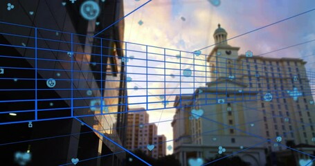Poster - Digital health network overlaying urban skyline at sunset, showing grid lines with medical icons