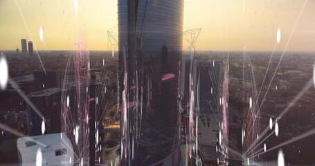 Poster - Central cylindrical glass skyscraper towering over city grid at dusk showing floating network lines