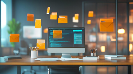 Orange Emails Flying Around Computer Screen on Modern Office Desk