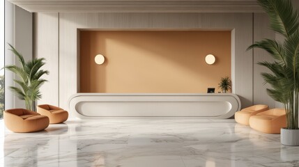 Poster - Modern minimalist reception area with beige and orange accents, marble floor, and comfortable seating.
