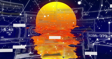 Poster - Glowing orange orb floating center, translucent panels showing data, white lines linking nodes