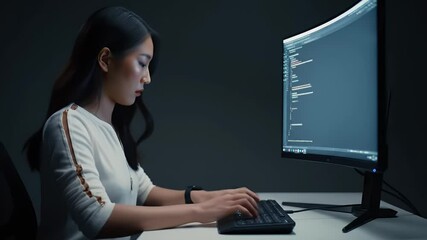 Young Asian Woman Coding on Large Monitor with White Shirt on Dark Background