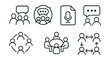 © Galina - Line style icons of group interaction dynamics: group discussion icon, multiple speaker badge, everyone’s voice tag, open mic file, free-flow chat board, circle talk chart, roundtable bubble, equal