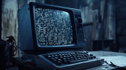 Vintage computer with glowing code on screen dark room setting