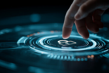 Poster - Finger interacts with glowing digital interface, showcasing a padlock icon, symbolizing online security, data protection, and digital privacy