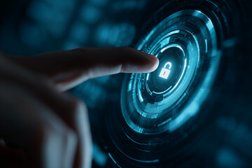 Poster - Finger activates glowing blue digital interface, padlock icon central, symbolizing online security, data protection, and technological access
